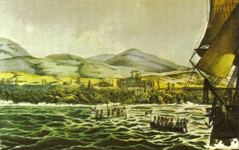 Una de las expediciones que visitó la isla a bordo del Rurik. Imagen: Wikipedia